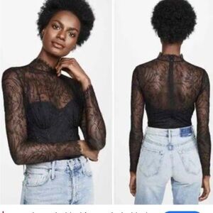 Jonathan Simkhai Black Lace l Bodysuit Size 2 Long Sleeve Sheer Top